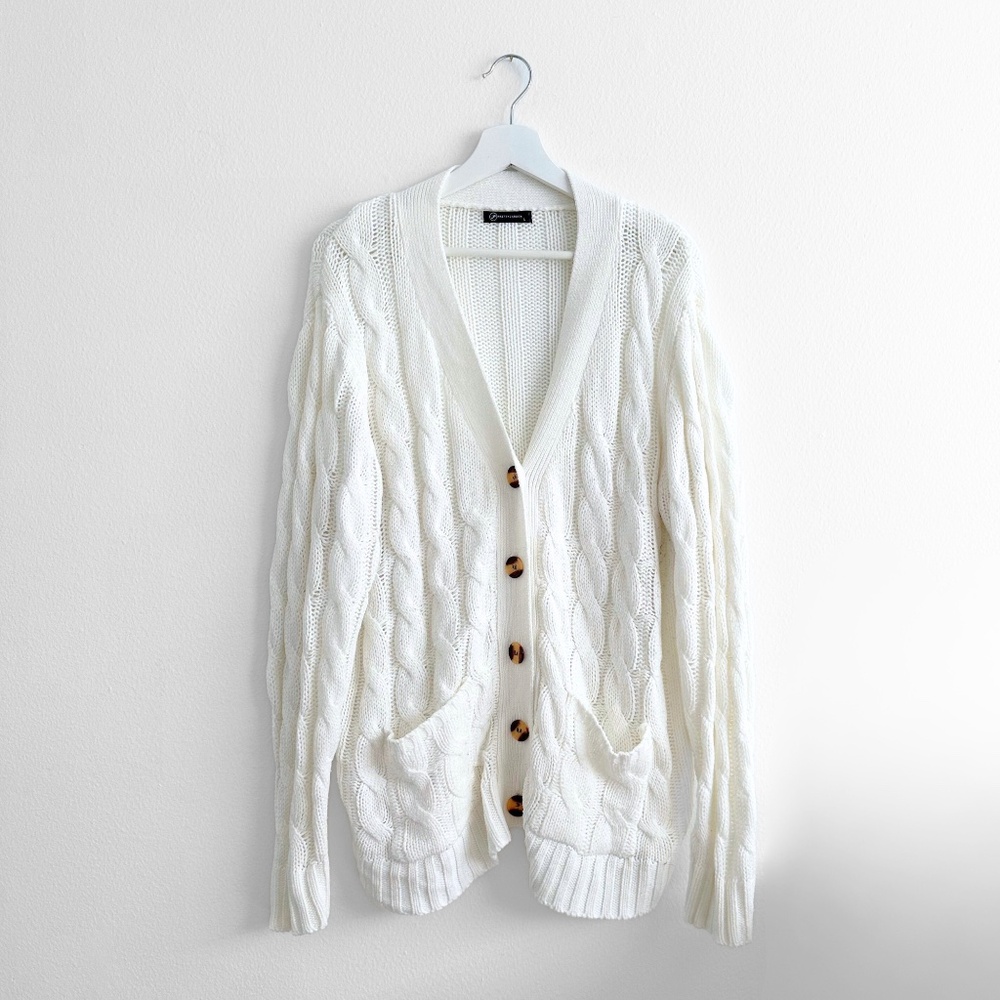 Pretty Garden Women Cable Knit Sweater Bohemian Comfy Soft & Warm White Large